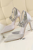 JOSKAA Woman Elegant high heel Silver Ankle Strap Prom Heels with Crystals