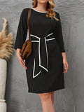 Joskaa hoco dresses Women's Plus Size Curve Casual Dress Winter Dress Sheath Dress Solid Color Mini Dress 3/4 Length Sleeve Lace up Crew Neck Fashion Outdoor Black Fall Winter L XL 2XL 3XL 4XL