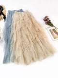 JOSKAA 2024 New Skirt Fashion Solid Color Irregular Tiered Gauze Skirt