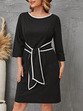 Joskaa hoco dresses Women's Plus Size Curve Casual Dress Winter Dress Sheath Dress Solid Color Mini Dress 3/4 Length Sleeve Lace up Crew Neck Fashion Outdoor Black Fall Winter L XL 2XL 3XL 4XL