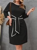 Joskaa hoco dresses Women's Plus Size Curve Casual Dress Winter Dress Sheath Dress Solid Color Mini Dress 3/4 Length Sleeve Lace up Crew Neck Fashion Outdoor Black Fall Winter L XL 2XL 3XL 4XL