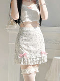 JOSKAA 2024 new Harajuku Kawaii Fashion Dollcore Coquette Aesthetic Floral Chiffon Bow Skirt